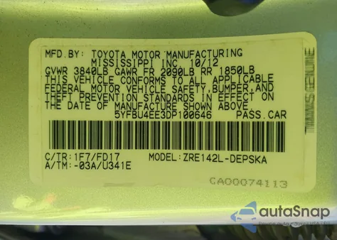 2013 Toyota Corolla S from USA, damaged, VIN 5YFBU4EE3DP100646